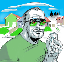Size: 1000x972 | Tagged: safe, boomer, chad, city, house, lawn mower, monster energy, suburbs, sunglasses