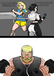 Size: 640x890 | Tagged: safe, artist:jakearmorsmith, 1boy, 2girls, 2panels, angry face, ass, beard, blonde, chad, doomer girl, draw, drinking, dumbbell, earphones, english, english text, gym, muscle, nordic gamer, phone, template, text, trad girl, transparent background, treadmill, weight, what do you think he's listening to, workout, yes chad